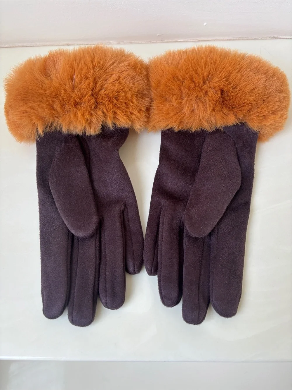 Plush Cuff Faux-Suede Women's Gloves in Chocolate Brown and Orange